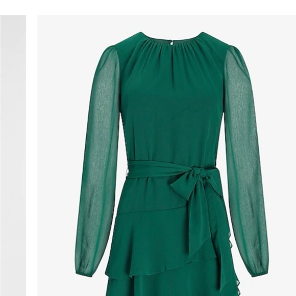 EXPRESS Long Sleeve Tie Waist Tiered Ruffle Fit And Flare Dress Small Green - Picture 2 of 14